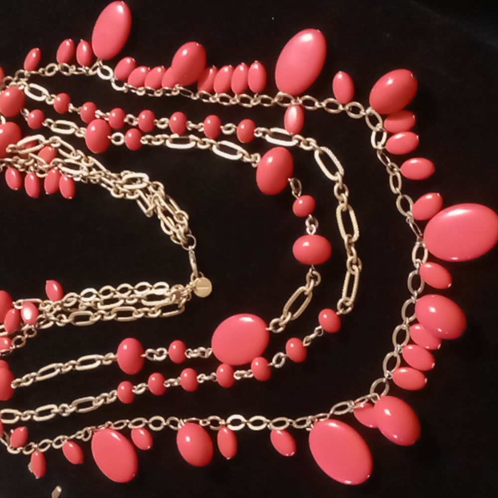 Talbot's three tier gold & pink layered flat paperclip chain long necklace.
